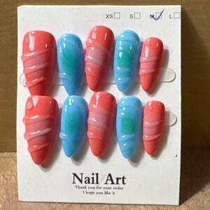Pink And Blue Almond Press On Nails‎